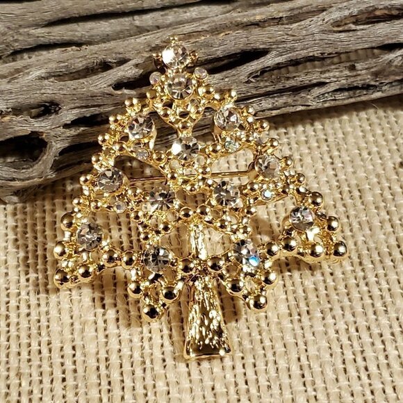 Classic Gold Austrian Crystal Christmas Tree Sweater Pin Brooch - Picture 1 of 7